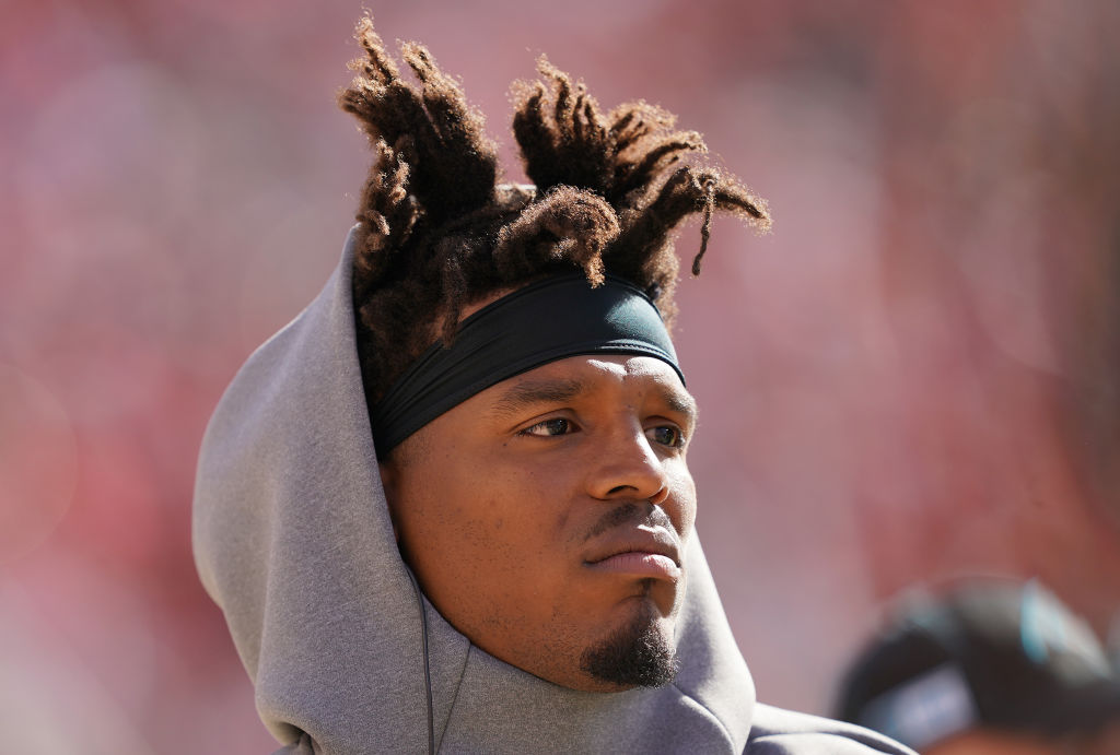 Cam Newton of the Carolina Panthers looks on from the sidelines against the San Francisco 49ers during an NFL football game at Levi's Stadium on October 27, 2019 in Santa Clara, California. (Photo by Thearon W. Henderson/Getty Images)