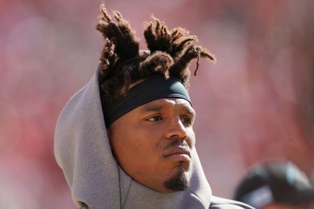 Cam Newton of the Carolina Panthers looks on from the sidelines against the San Francisco 49ers during an NFL football game at Levi's Stadium on October 27, 2019 in Santa Clara, California. (Photo by Thearon W. Henderson/Getty Images)
