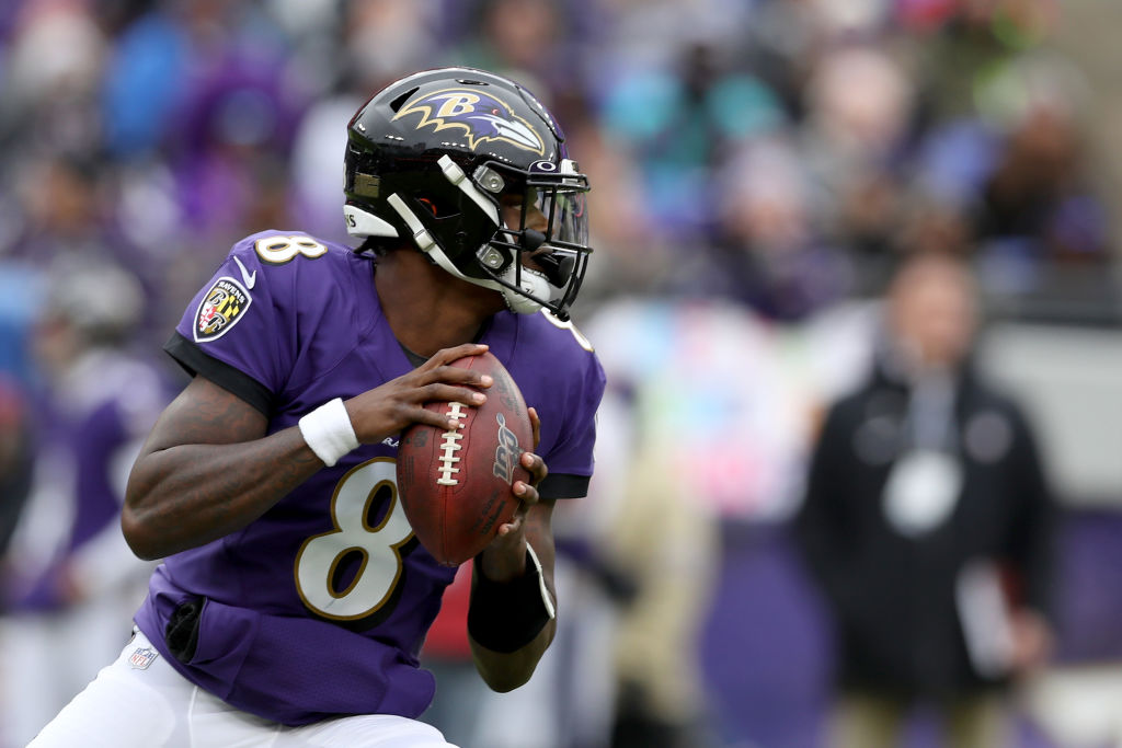 Quarterback Lamar Jackson of the Baltimore Ravens drops back to pass in the second half against the Houston Texans at M&T Bank Stadium on November 17, 2019 in Baltimore, Maryland. (Photo by Rob Carr/Getty Images)