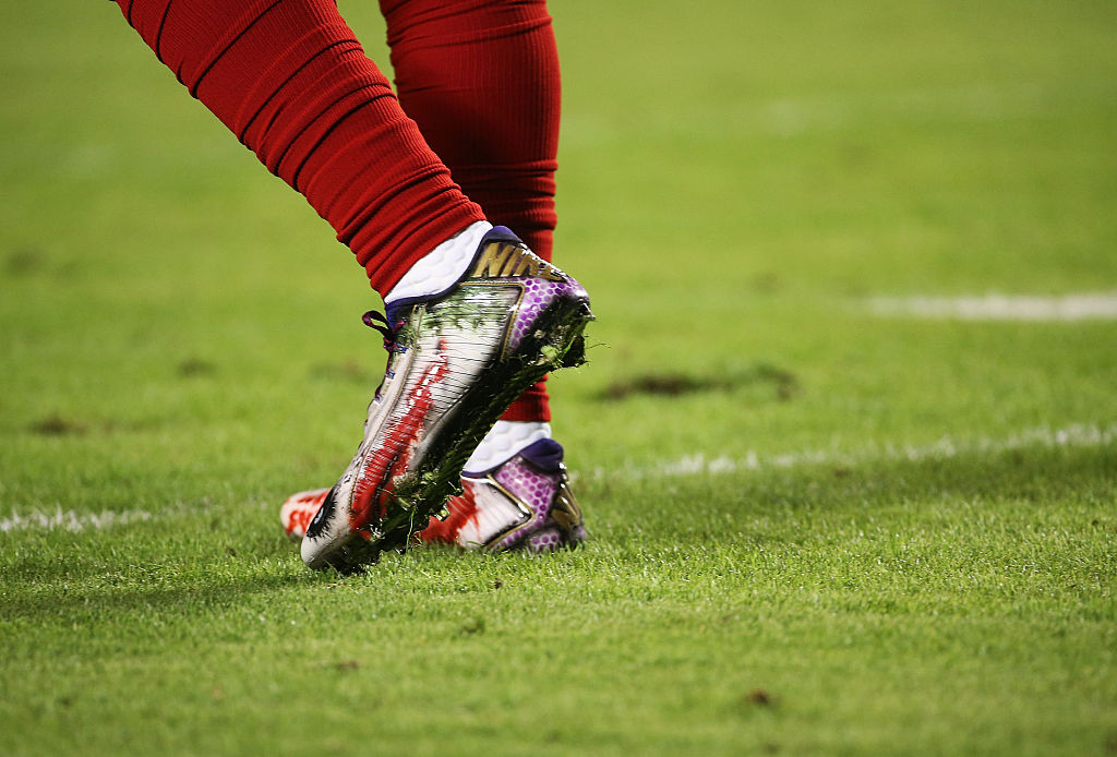 A detailed view of the cleats worn by Odell Beckham #13 of the New York Giants before the game against the Miami Dolphins at Sun Life Stadium on December 14, 2015 in Miami Gardens, Florida. (Photo by Mike Ehrmann/Getty Images)