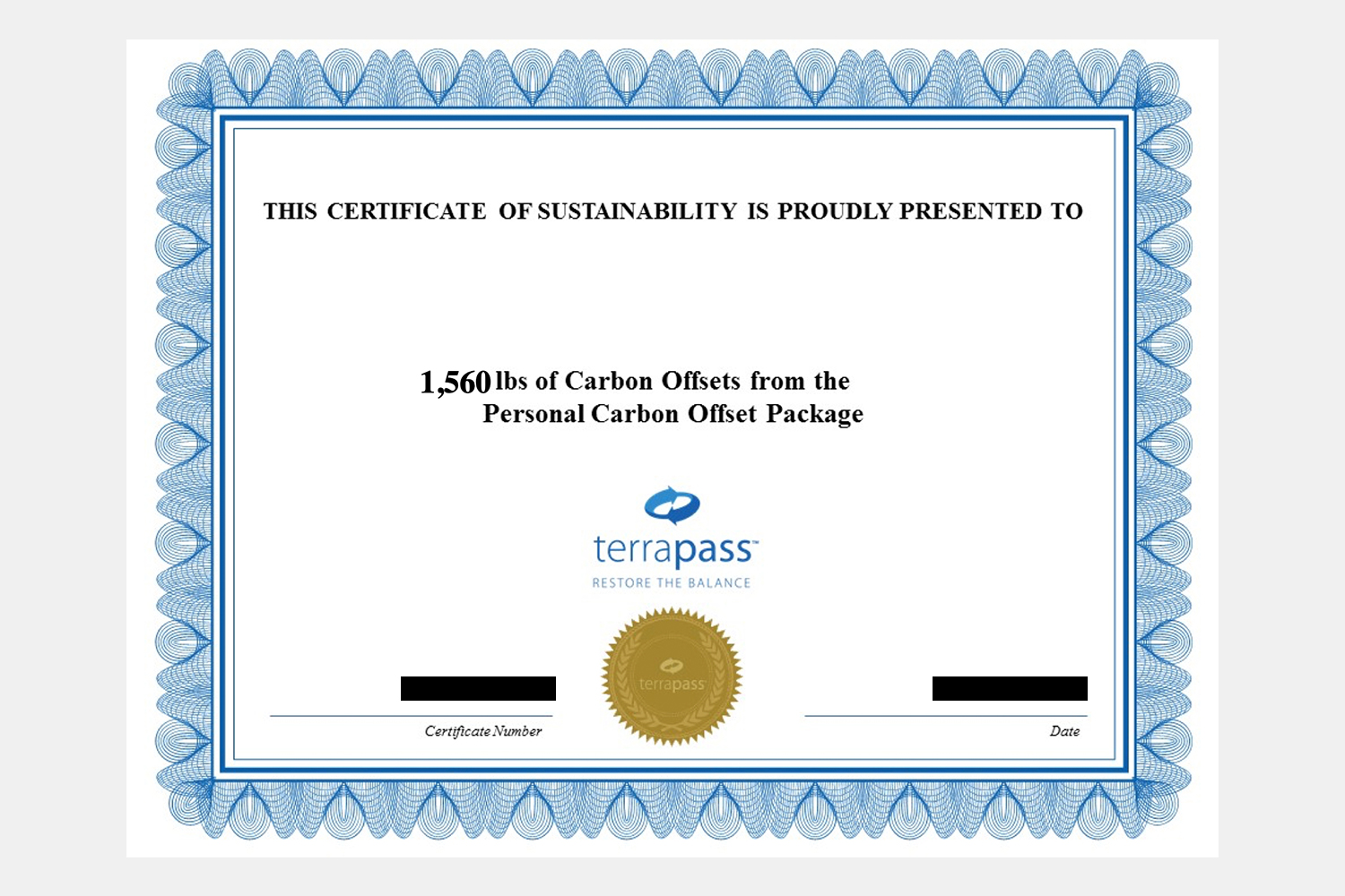 Terrapass carbon offsets certificate for air travel