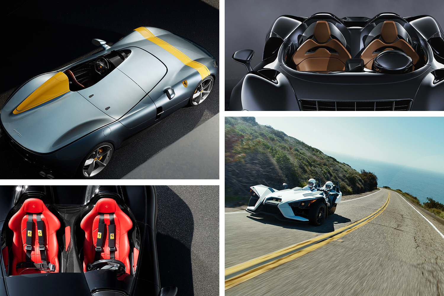 CLOCKWISE FROM TOP LEFT: FERRARI MONZA SP1, MCLAREN ELVA, POLARIS SLINGSHOT S AND FERRARI MONZA SP1