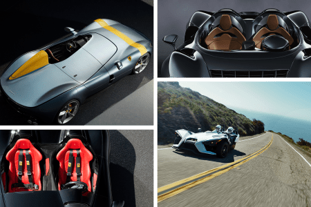 CLOCKWISE FROM TOP LEFT: FERRARI MONZA SP1, MCLAREN ELVA, POLARIS SLINGSHOT S AND FERRARI MONZA SP1