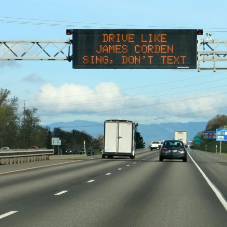 Highway sign referencing James Corden