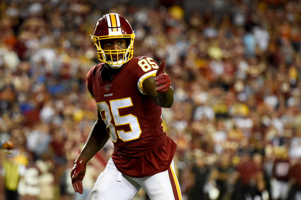 Vernon Davis of the Washington Redskins looks on against the Chicago Bears during the second half at FedExField on September 23, 2019 in Landover, Maryland. (Photo by Will Newton/Getty Images)
