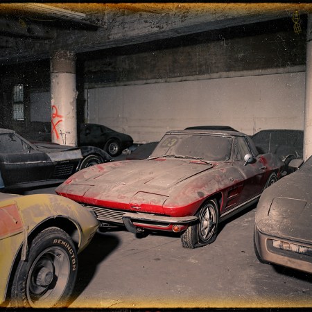 Peter Max Corvette Collection in a parking garage