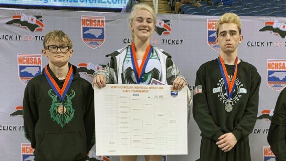 Heaven Fitch became the first female to win an individual state wrestling championship in North Carolina. (North Carolina High School Athletic Association)