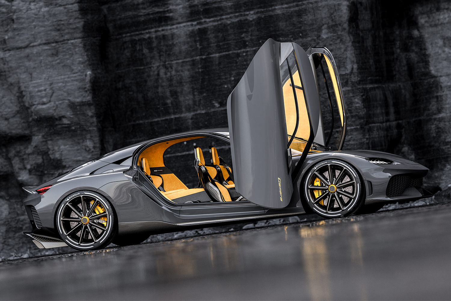 Four seat megacar with scissor doors