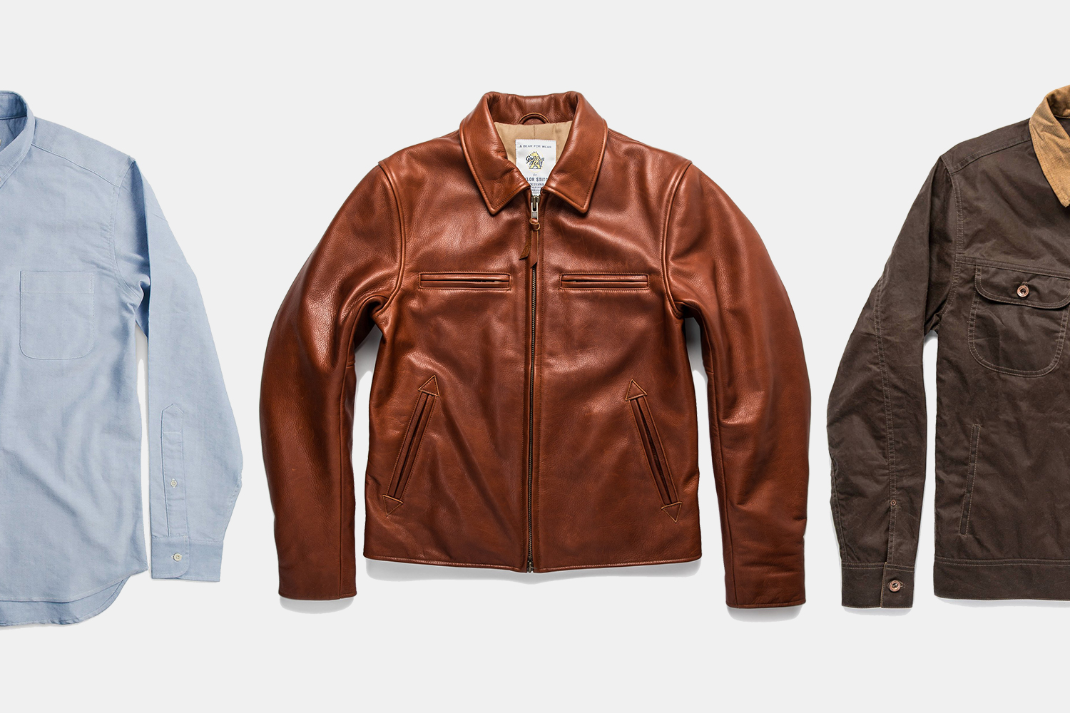 Taylor Stitch Oxford shirt, leather jacket and waxed canvas jacket