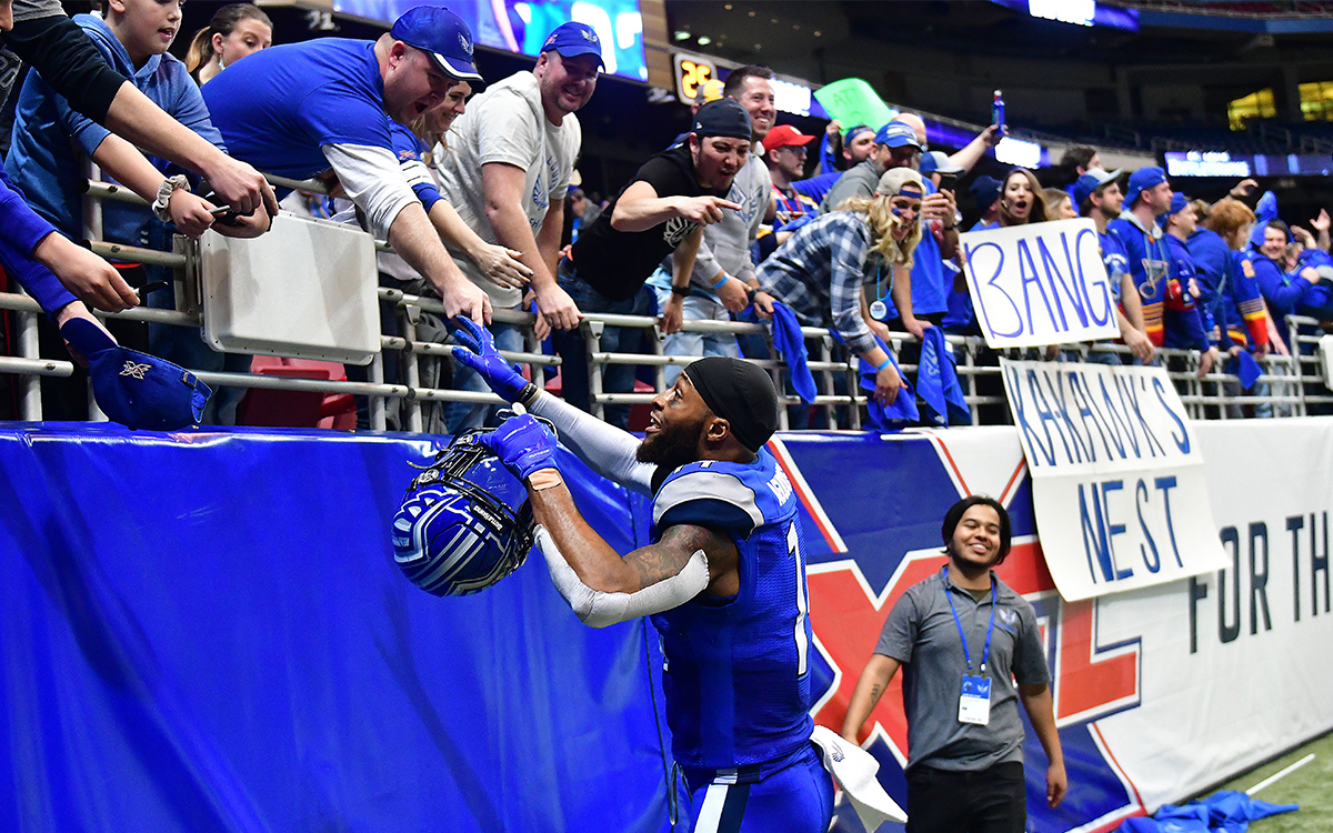 St. Louis BattleHawks punter Marquette King daps up fans after a recent win against the Seattle Dragons. 