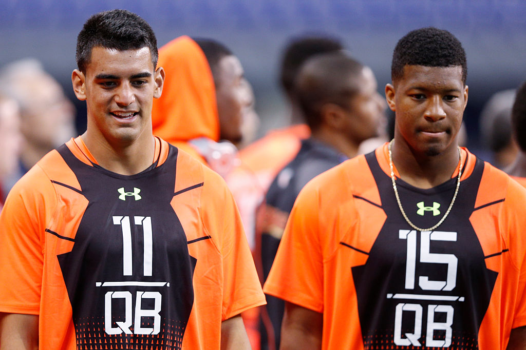 Quarterbacks Marcus Mariota #11 and Jameis Winston #15 during the 2015 NFL Scouting Combine. (Joe Robbins/Getty)