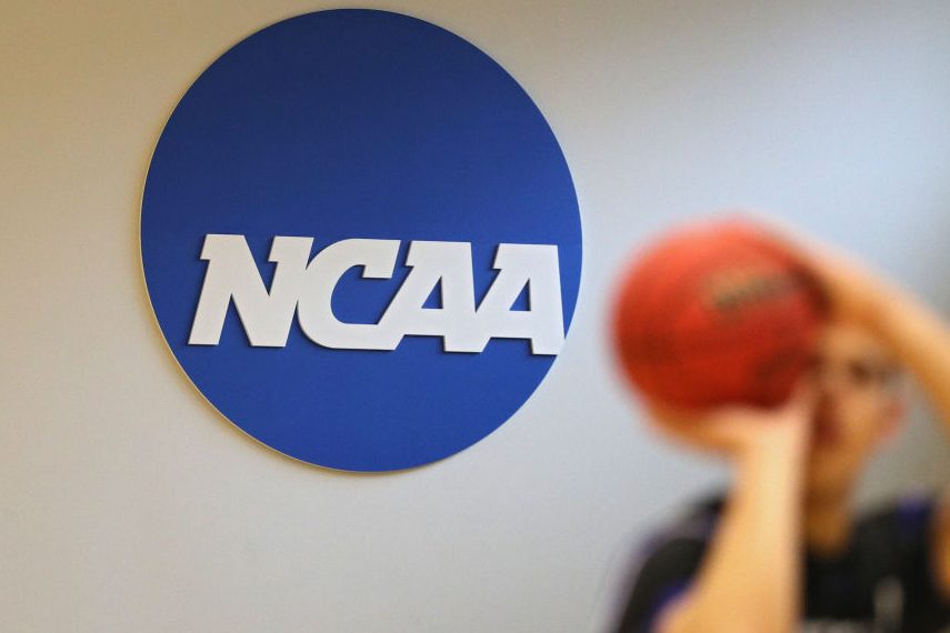 The NCAA logo seen on the wall. (Patrick Smith/Getty)