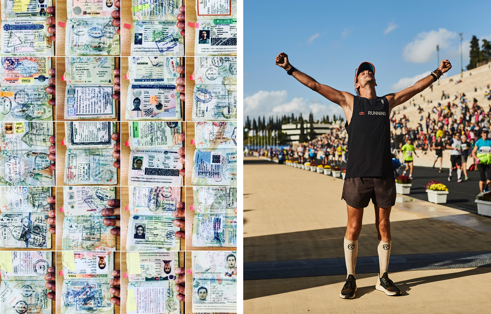 Nick Butter Passport pages and Nick at the finish line