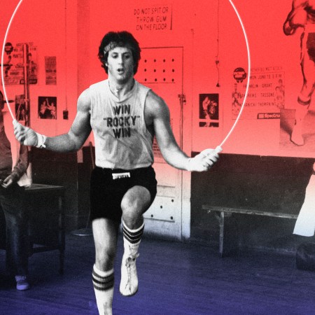 A screengrab of Rocky Balboa jump-roping, as his trainer looks on.