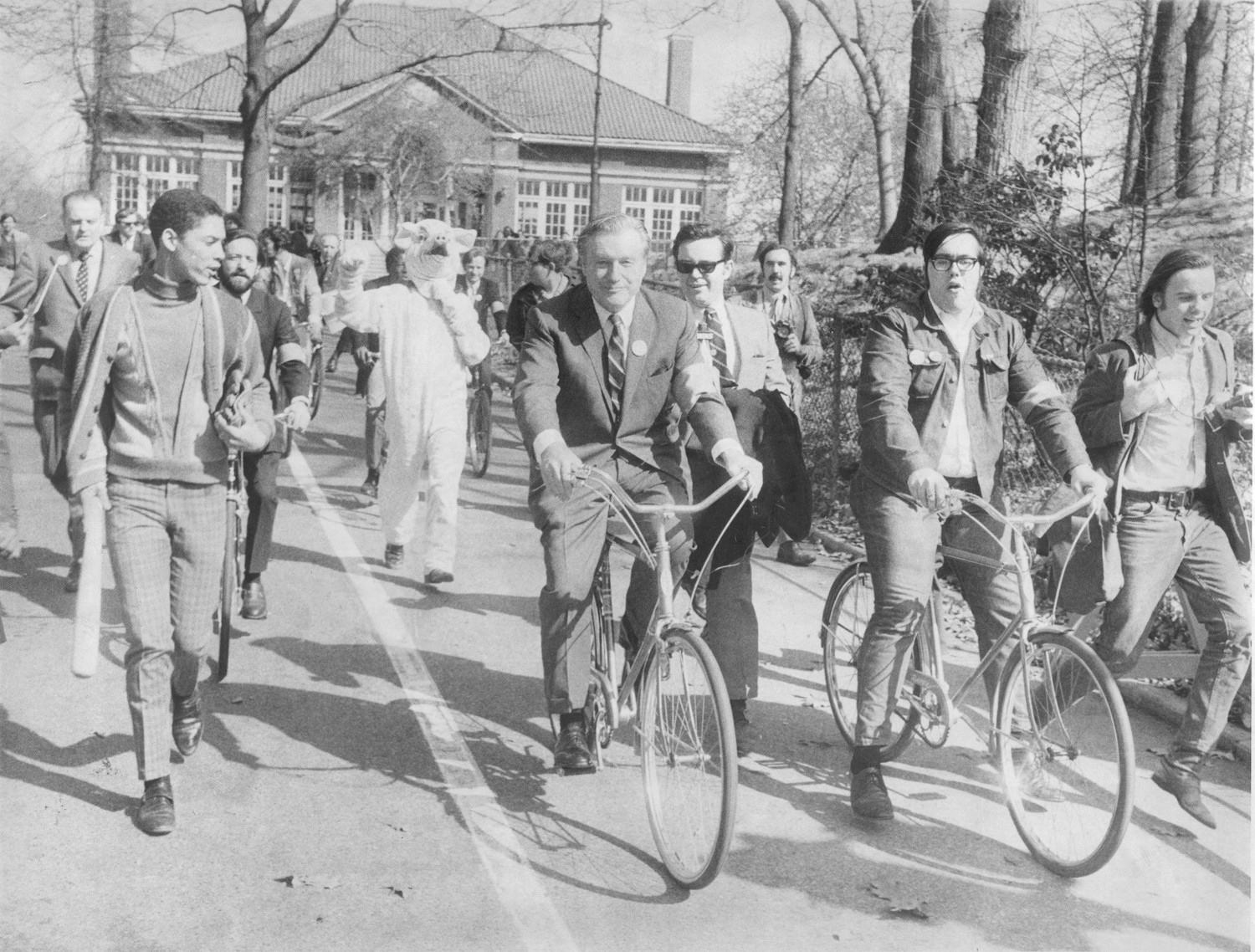 New York Governor Nelson A. Rockefeller rides a bike in Prospect Park, Brooklyn in observance of the first Earth Day.
