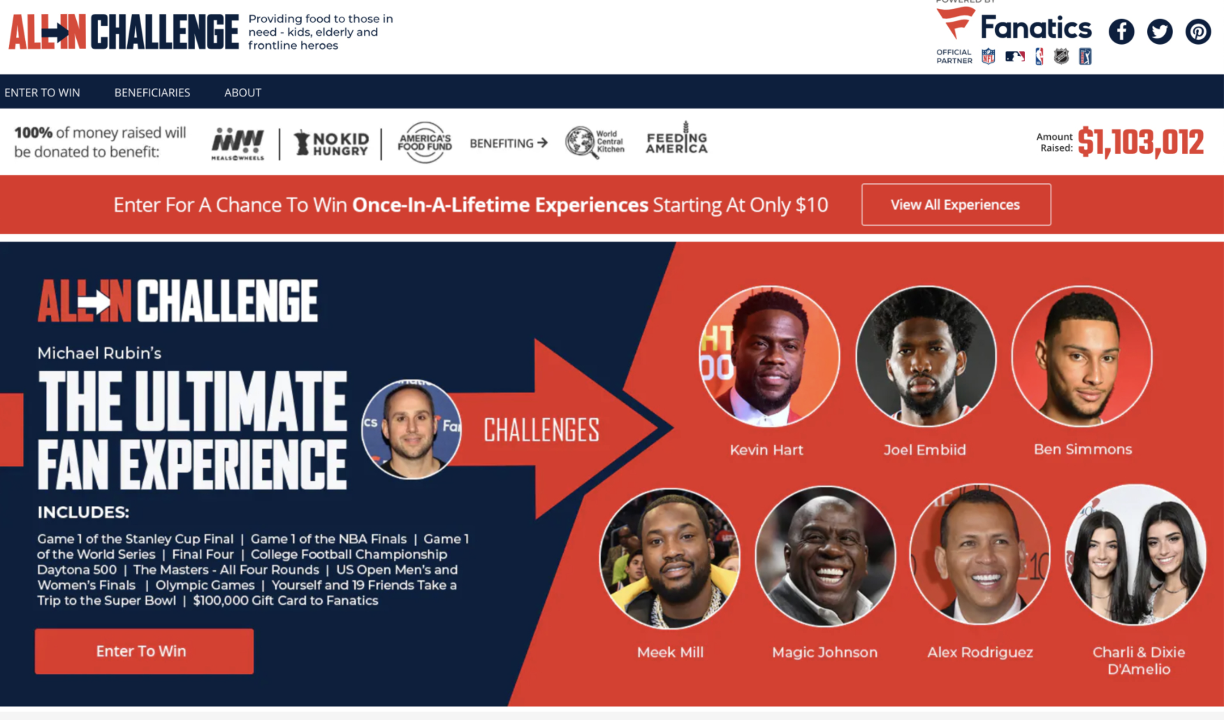 An archived front page of the All-In Challenge. (Fanatics)