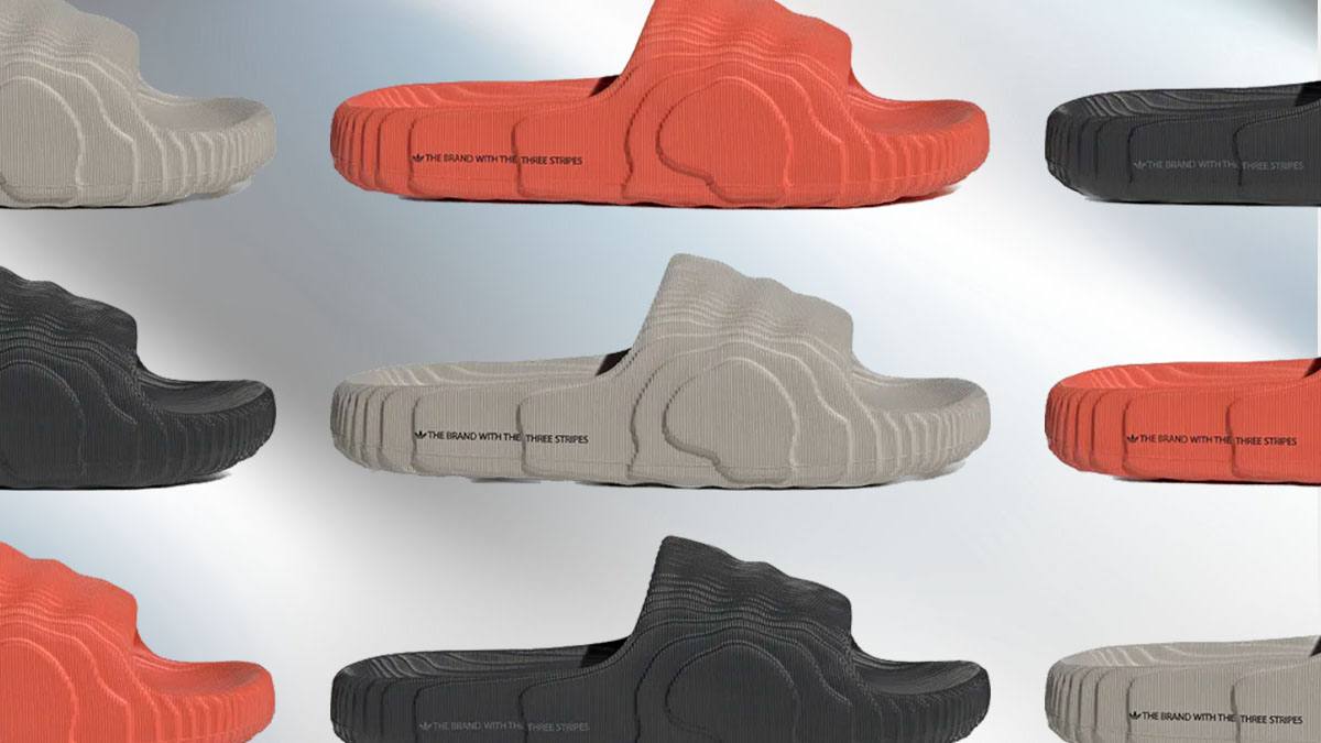 a collage of Adidas Slides on a metallic background