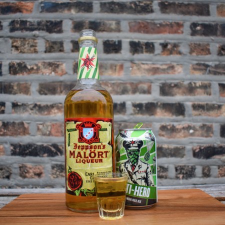 A bottle of Malört and can of Anti-Hero beer