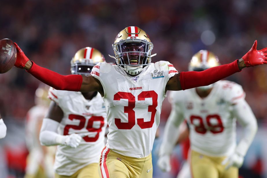 Tarvarius Moore of 49ers celebrates after intercepting a pass by Patrick Mahomes. 