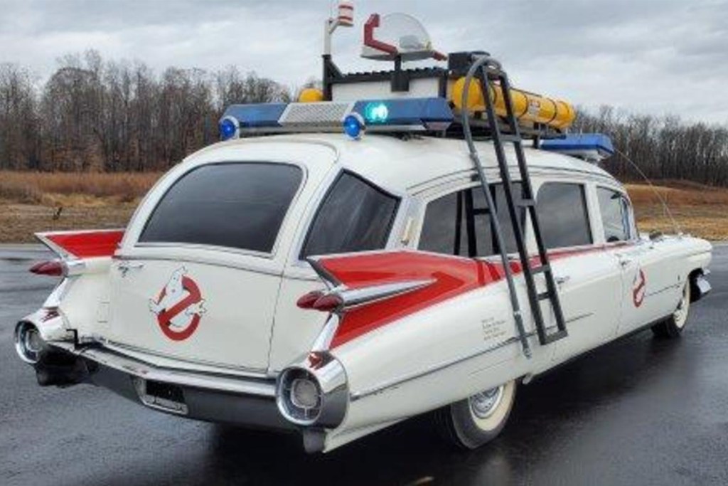 The back end of a Ghostbusters Ecto-1 movie replica vehicle