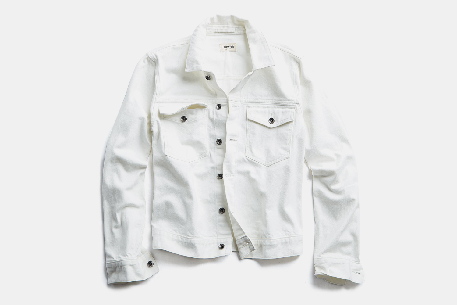 Todd Snyder white jean jacket in Japanese stretch selvedge denim