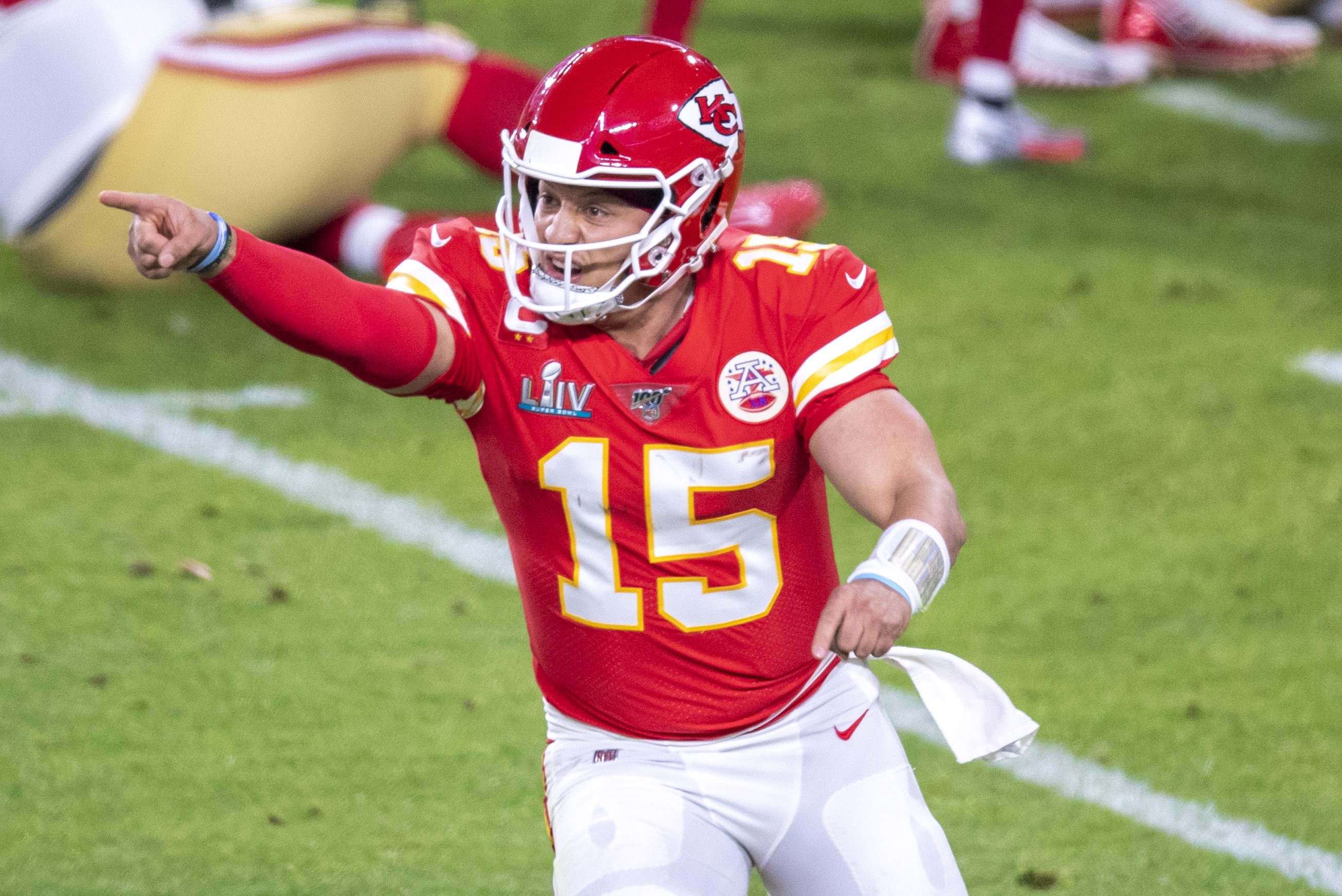 Kansas City Chiefs quarterback Patrick Mahomes celebrates during Super Bowl LIV. (Doug Murray/Icon Sportswire via Getty)