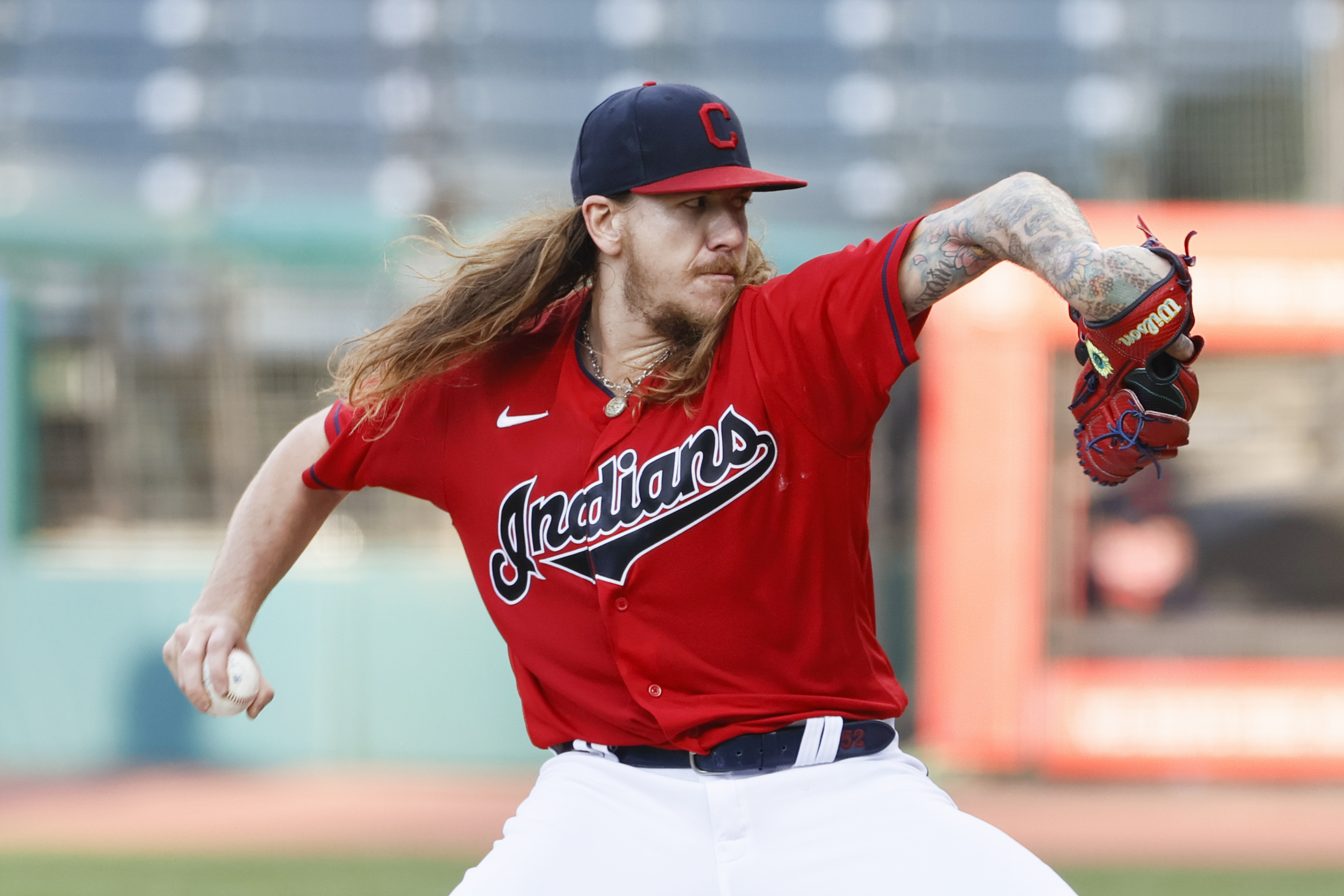 Starting pitcher Mike Clevinger of the Cleveland Indians pitches against the Cincinnati Reds during the first inning at Progressive Field on August 05, 2020 in Cleveland, Ohio. (Photo by Ron Schwane/Getty Images)