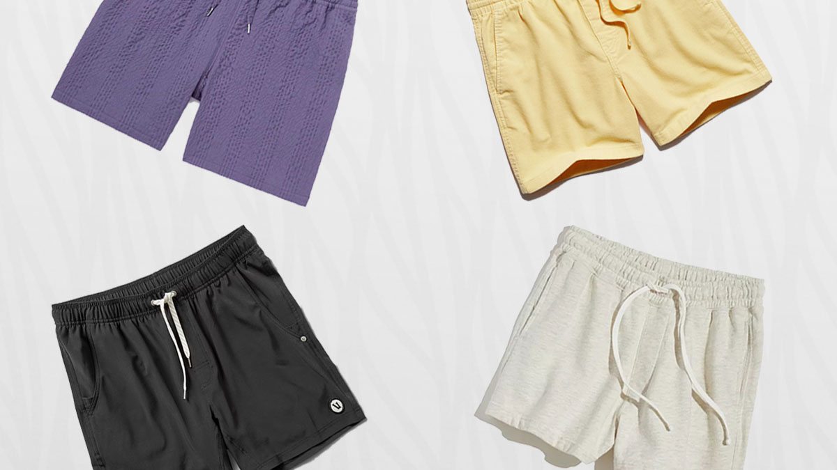 a collage of 5" shorts on a checked blue background