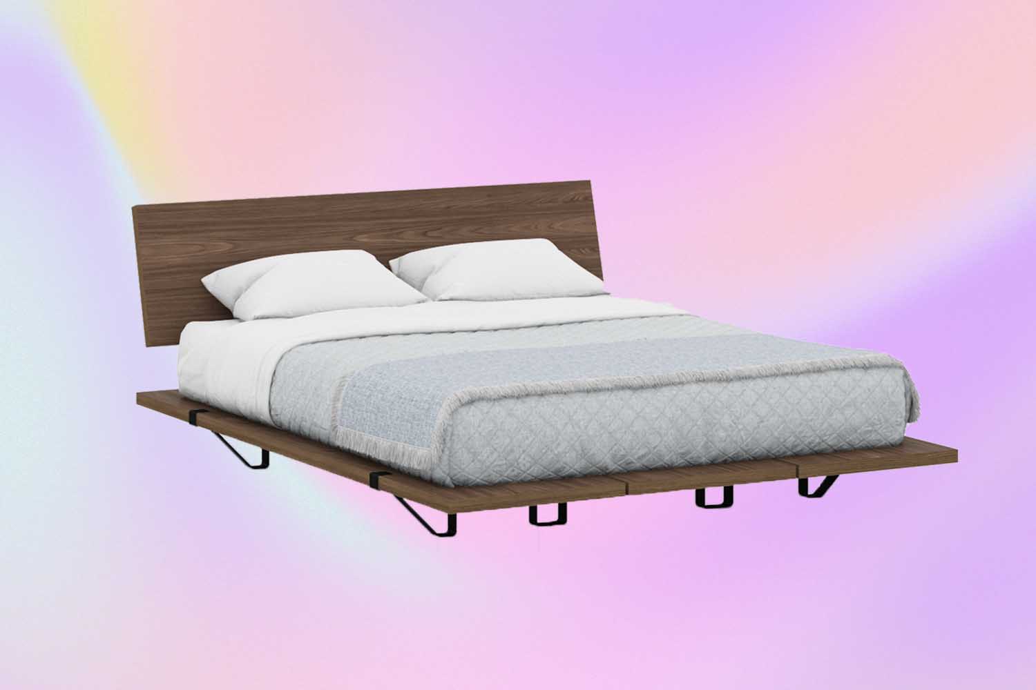 The Bed Frame from DTC furniture brand Floyd on a pink/purple background