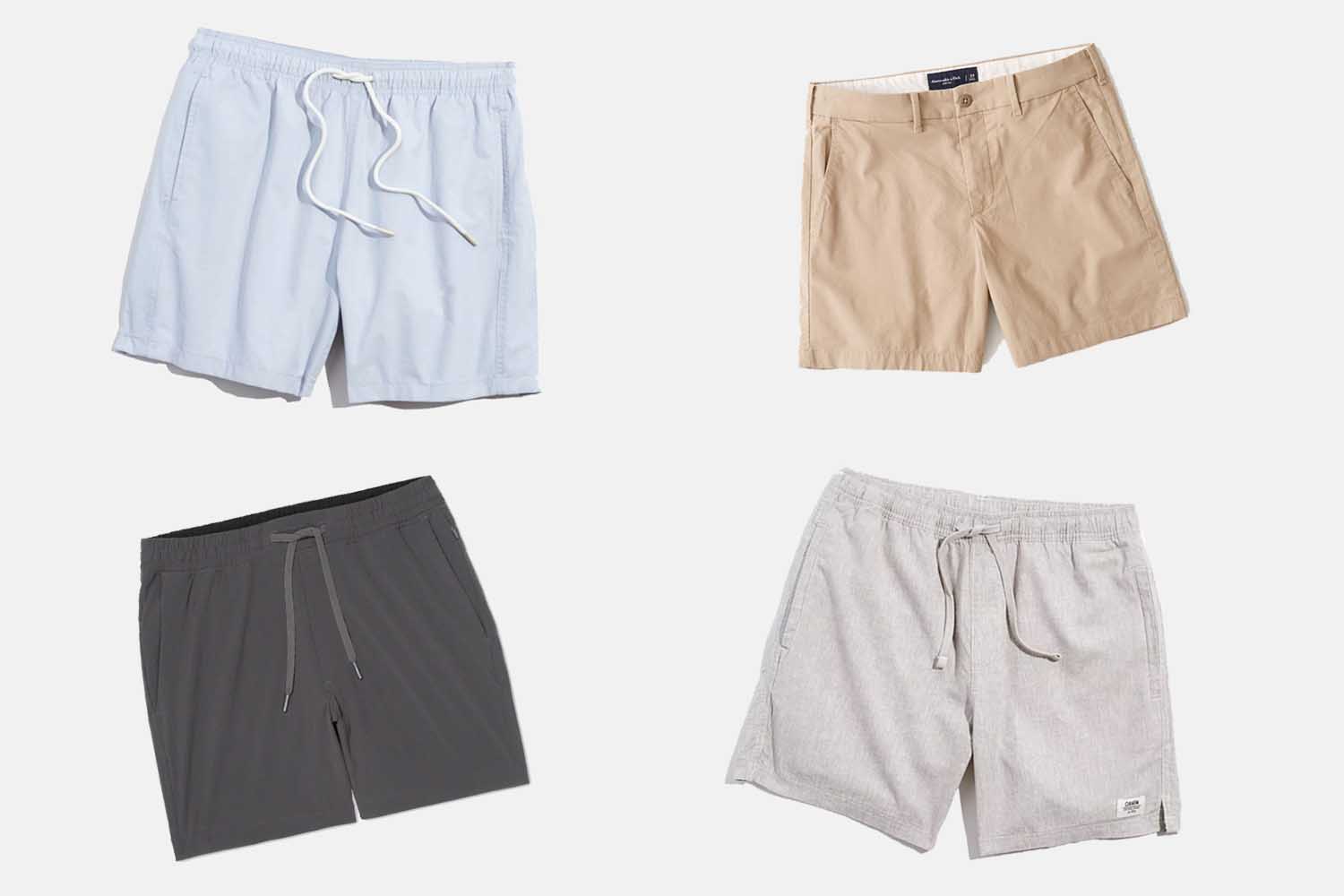 a collage of 5" shorts on a checked blue background