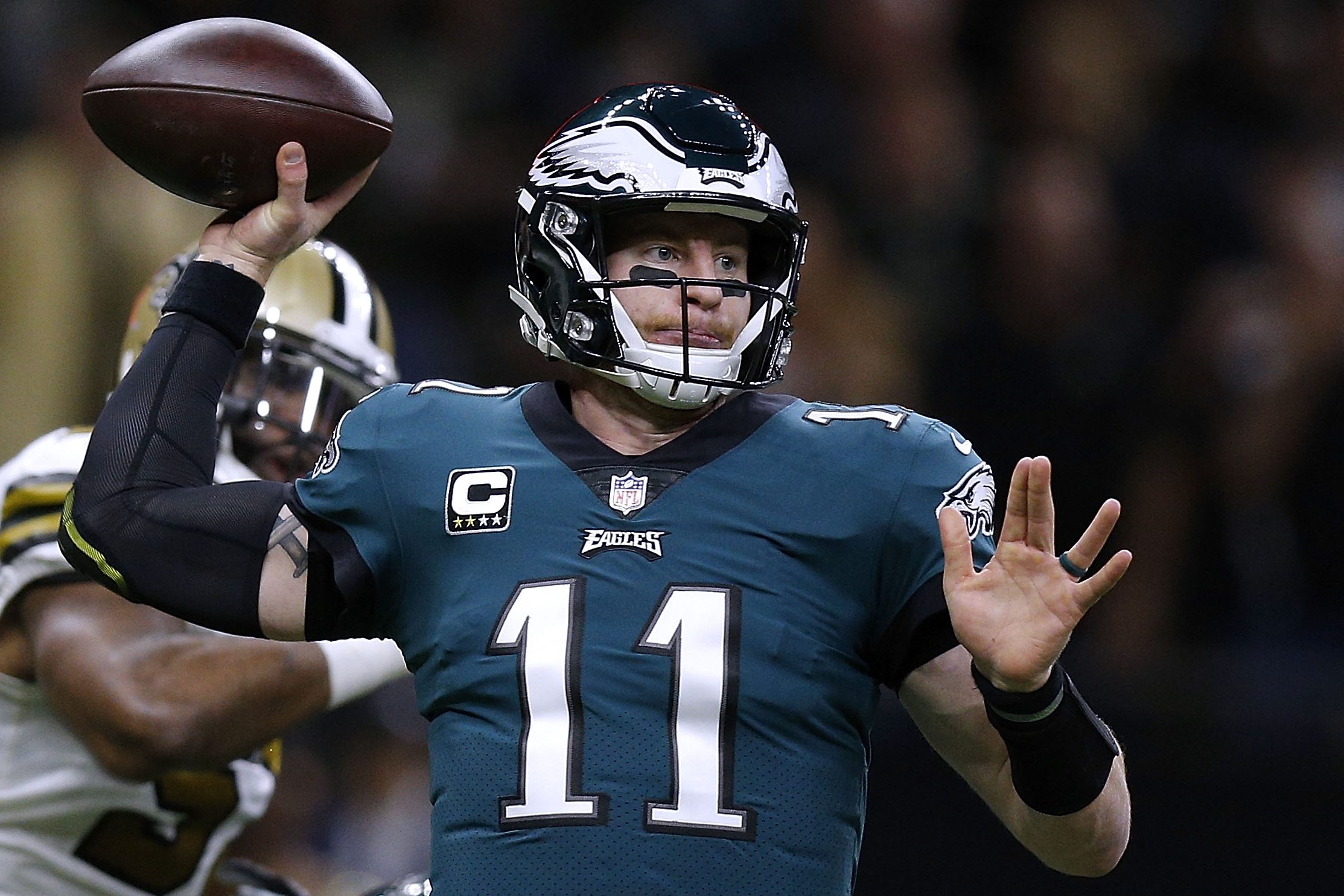Carson Wentz throws the ball during a game against the New Orleans Saints. 