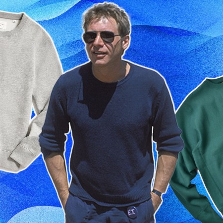 a collage of crewneck sweatshirts and Harrison Ford on a blue background