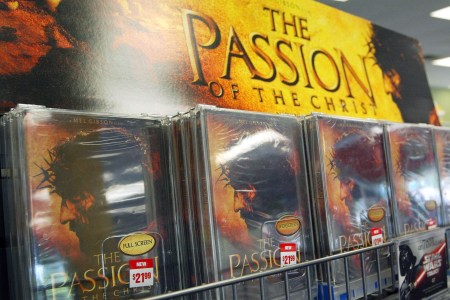 DVDs of Mel Gibson's movie "The Passion of the Christ" are seen in a movie rental store September 1, 2004 in Park Ridge, Illinois. (Photo by Tim Boyle/Getty Images)