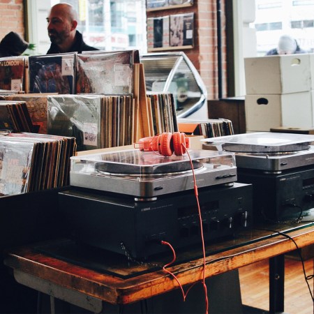record players at a record store in Seattle