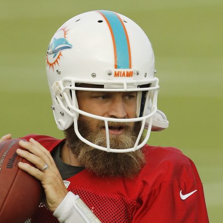 Ryan Fitzpatrick of the Miami Dolphins throws a pass during practice.