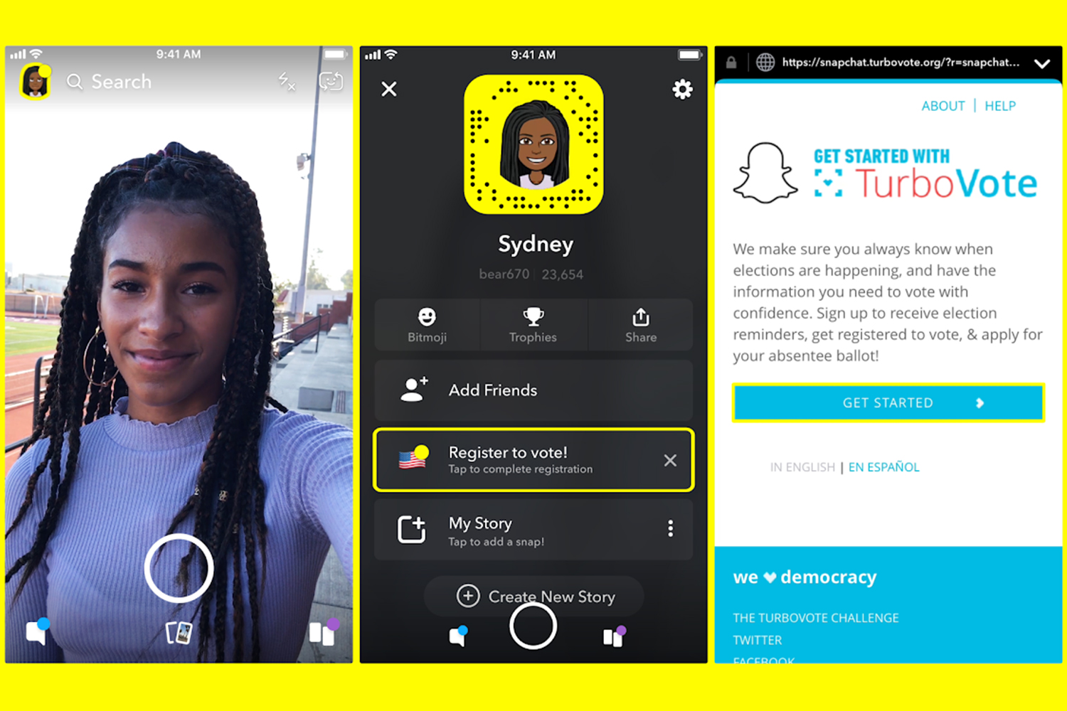 Snapchat app screen to register to vote