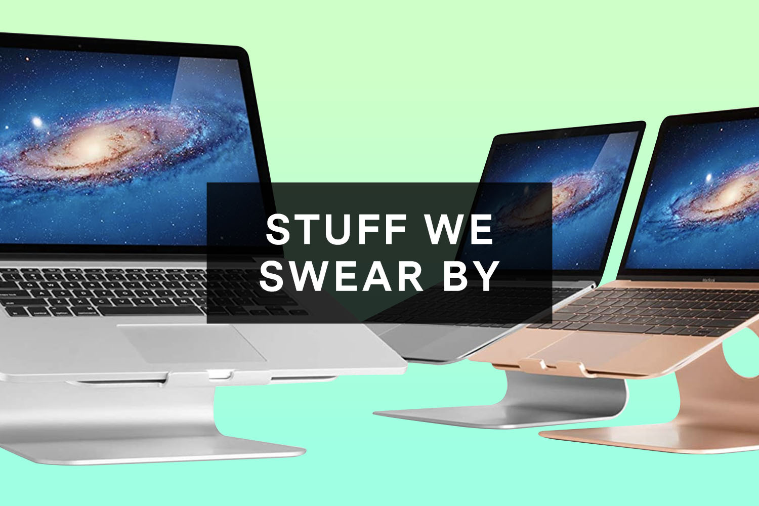A laptop stand against a green background.