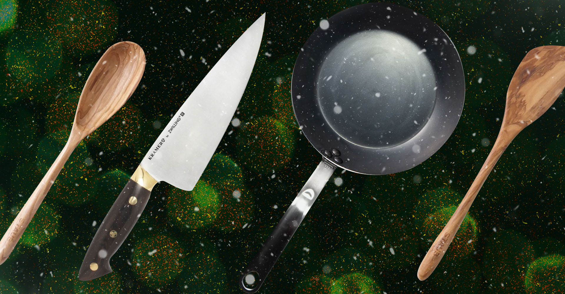 knives, skillets, wooden spoons