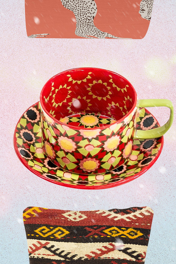 designer lampshades, ceramic mugs and throw pillows