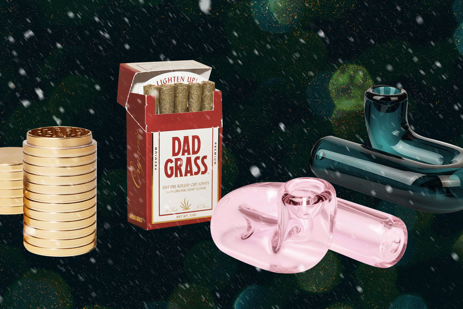 Lifestyle product image of colored glass ash trays and a bong vase