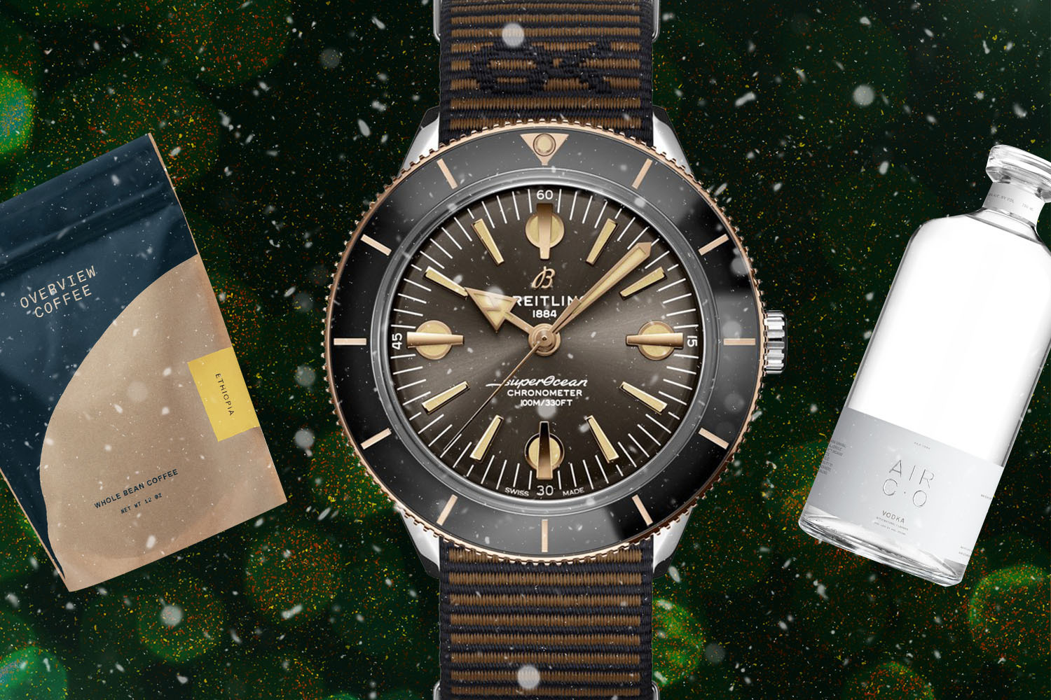 Overview Coffee, Outerknown watch and Air Vodka