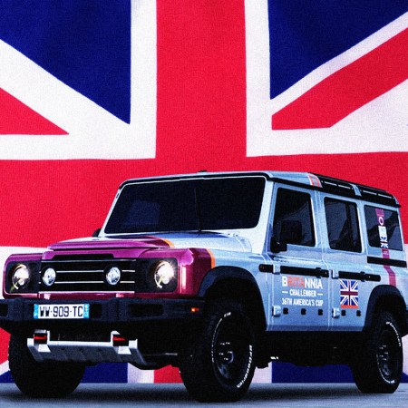 Ineos Automotive Grenadier in front of Union Jack flag