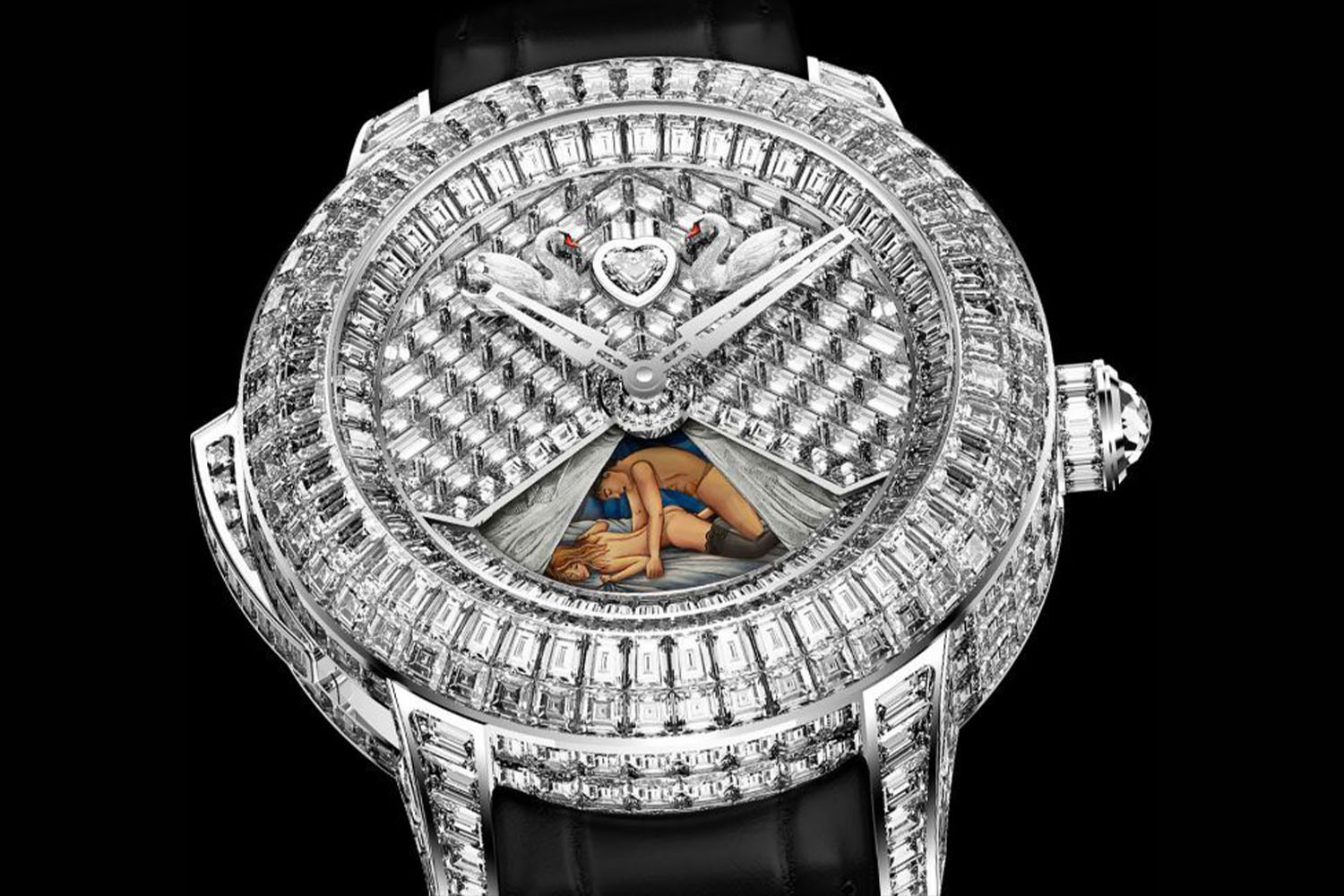 A close up of the watch dial on Jacob & Co.'s erotic Rasputin Tourbillon Baguette timepiece showing the slide-actuated sex scene between a man and a woman