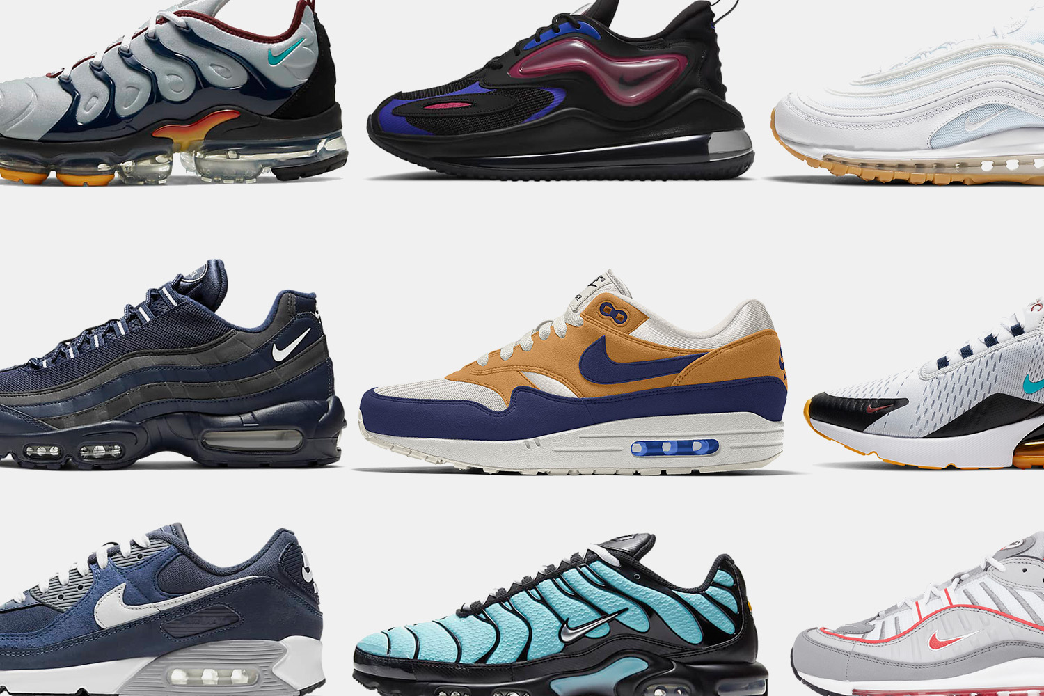 a trio of Nike Air Max styles on a blue background