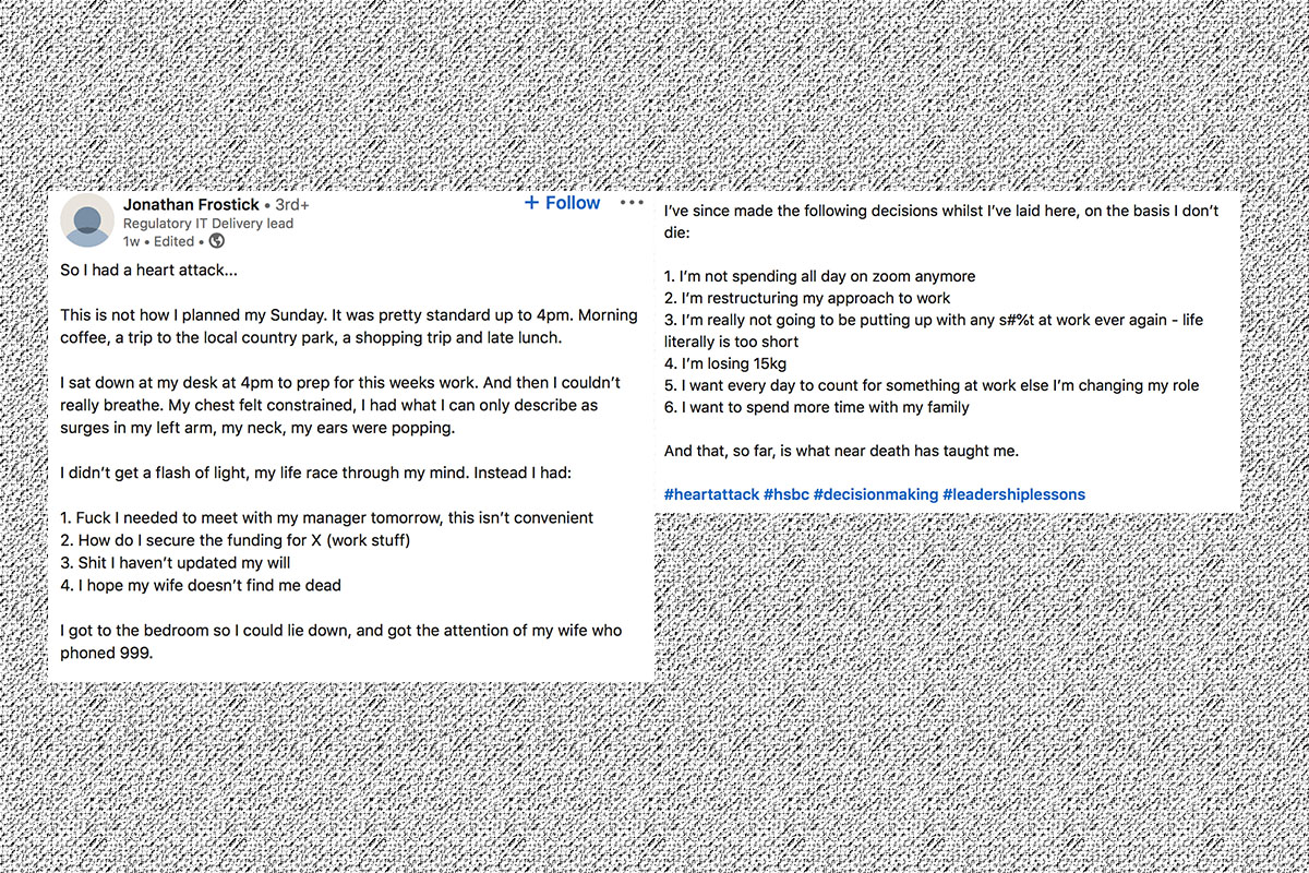 A screenshot of Jonathan Frostick's viral LinkedIn post about work-life balance