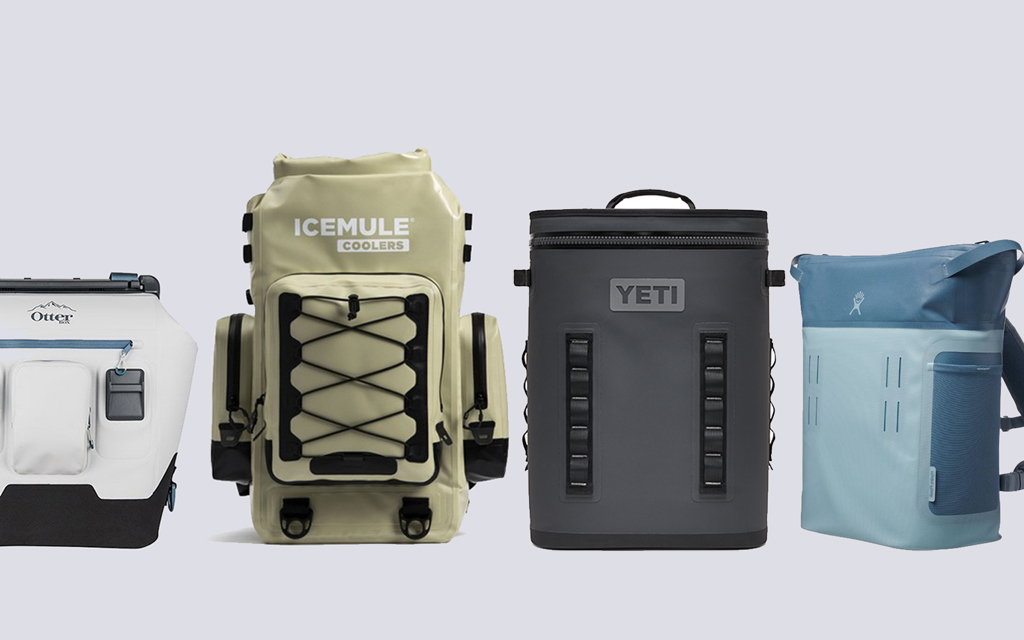The best backpack coolers for 2024, in grey circle backgrounds.