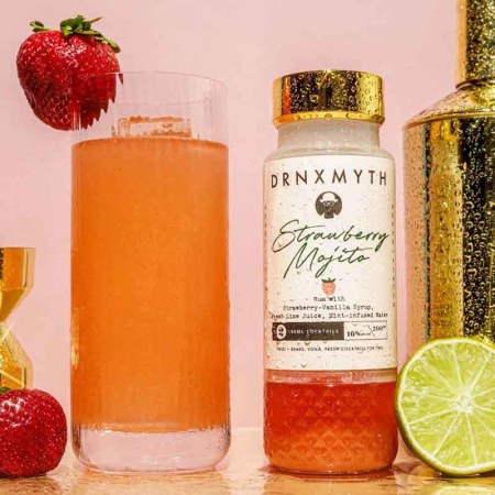 DRNKMYTH strawberry mojito in bottle and glass, along with a shaker, jigger and fruit