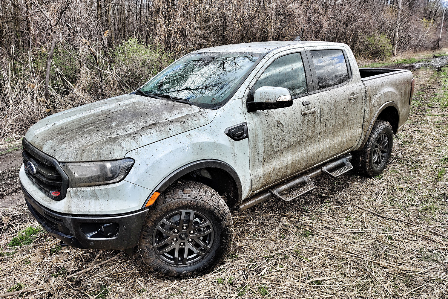 A muddy 2021 Ford Ranger Tremor pickup truck after going off road