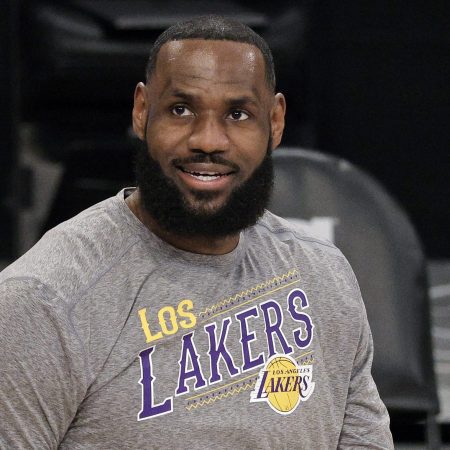 LeBron James of the Los Angeles Lakers on the court in a grey shirt