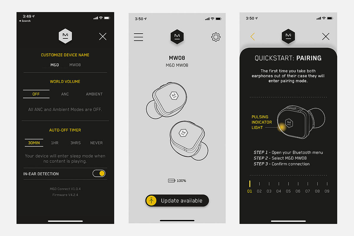 Various screens from the Master & Dynamic M&D Connect app